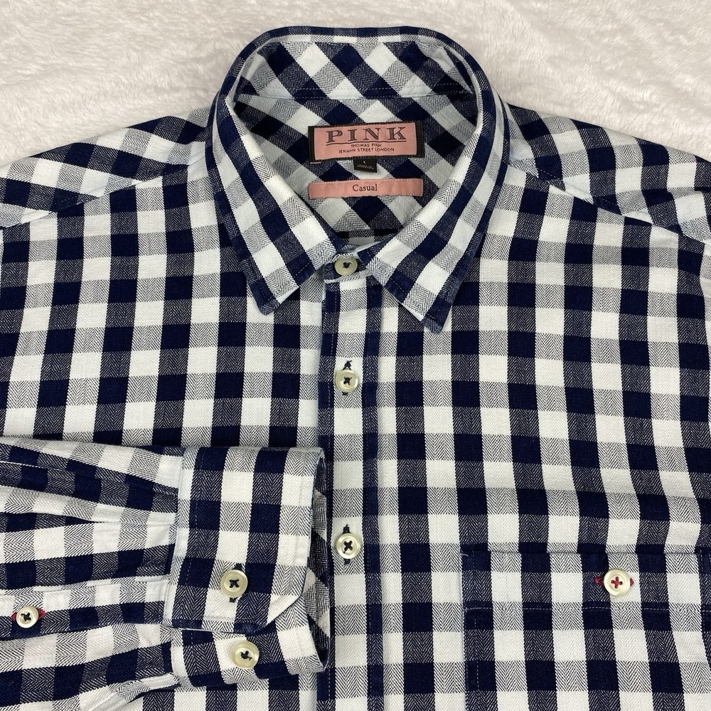 Thomas Pink Shirt Men's Large Blue/White Check Oxford Heavyweight Casual